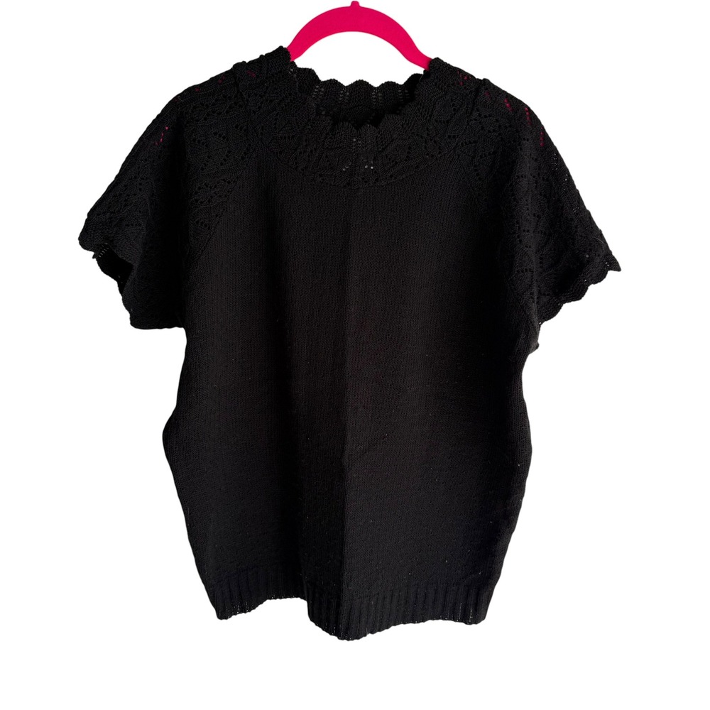 VINTAGE HABAND Black Preppy Crochet Scalloped‎ Sleeve Cottagecore Ladies Top, M